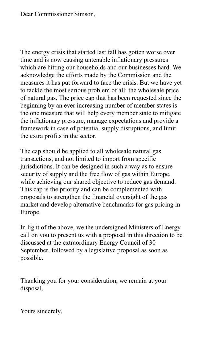 Carta de España y otros 14 países de la UE pidiendo topes al precio del gas, el 27 de septiembre de 2022.