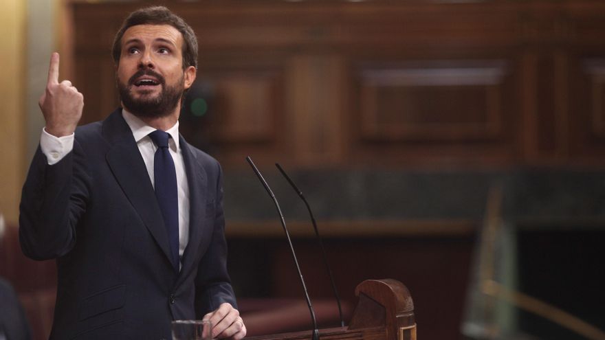 El presidente del PP, Pablo Casado, interviene durante la segunda sesión del pleno en el que se debate la moción de censura planteada por Vox, en el Congreso de los Diputados, Madrid (España), a 22 de octubre de 2020.