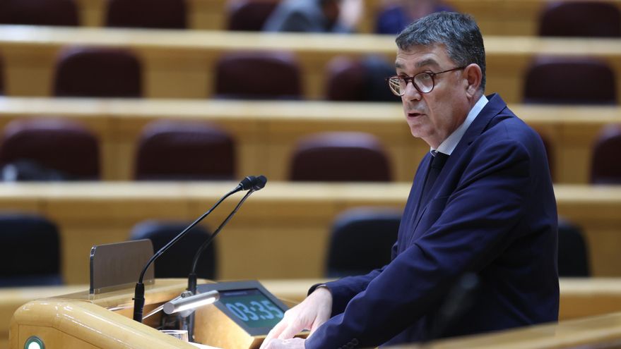 El senador de Compromís Enric Xavier Morera interviene durante la sesión en la que el ministro de Transportes, Óscar Puente, comparece para informar acerca de los últimos accidentes ferroviarios, este jueves en el Senado, en Madrid.