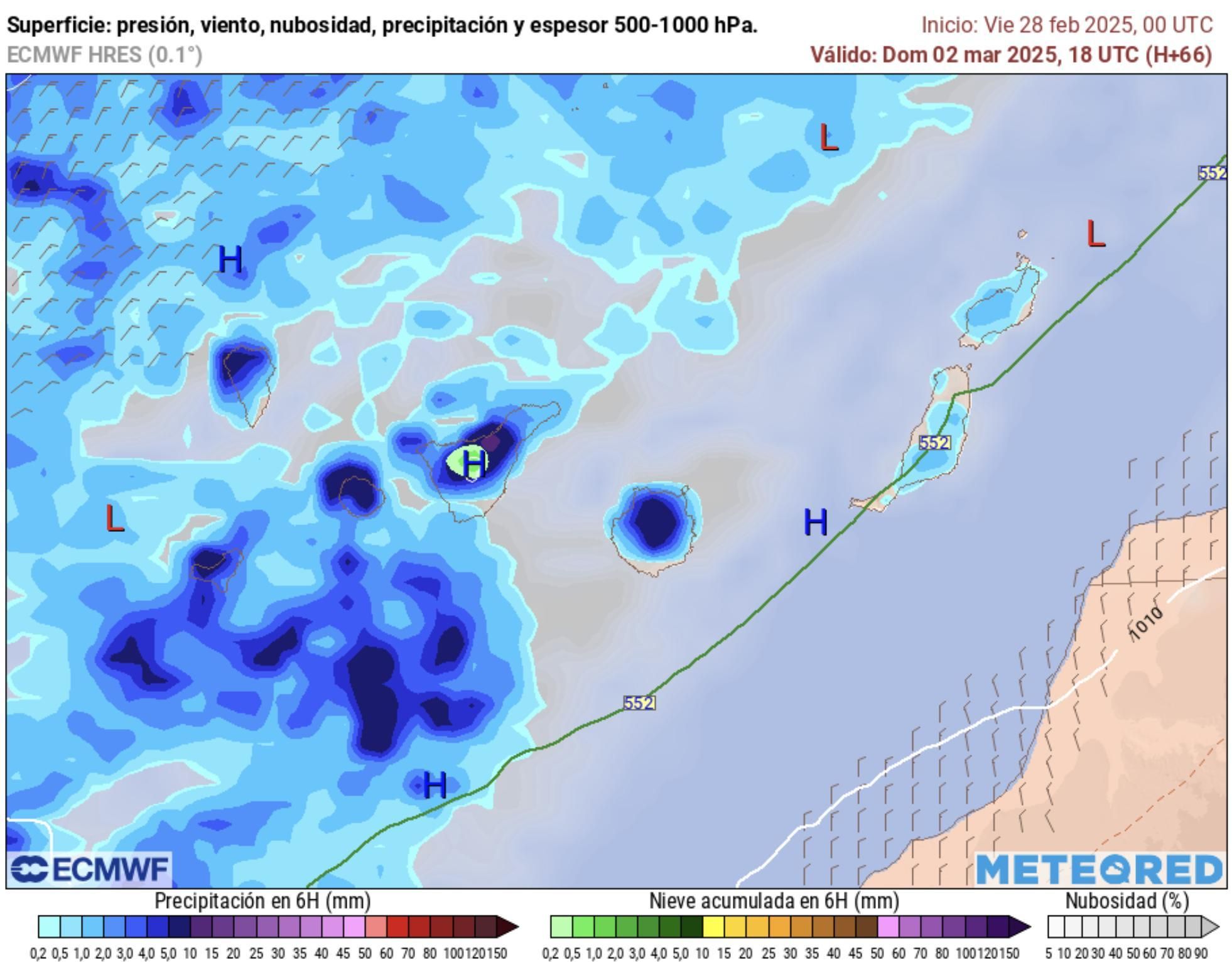 Previsión de lluvia y nieve para este domingo en Canarias.