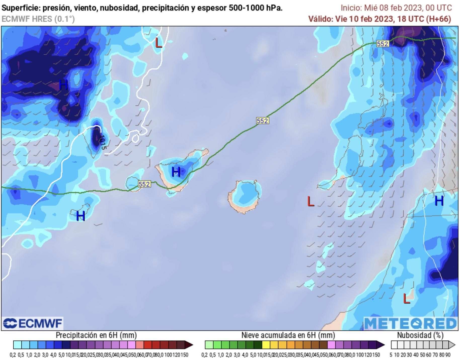 Previsión de precipitación para el viernes, 10 de febrero, a las 18.00 horas, según el modelo europeo ECMWF