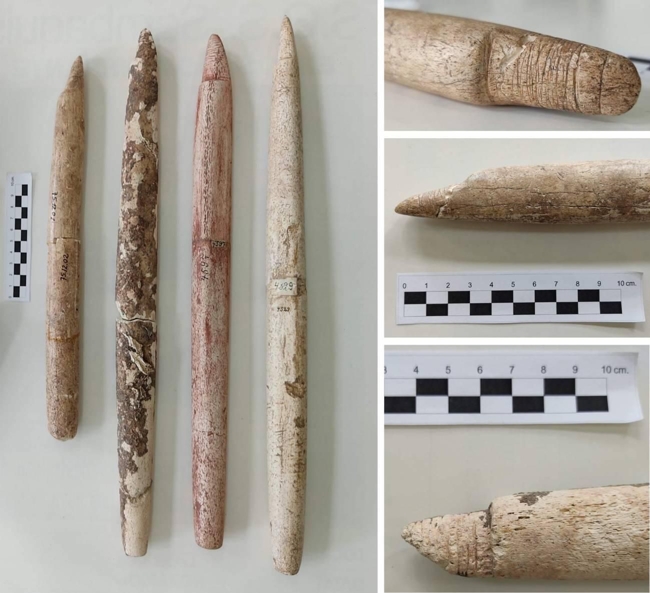 Astiles de arpón de 5.000 años hallados en un entierro humano en Morro do Ouro (Brasil).