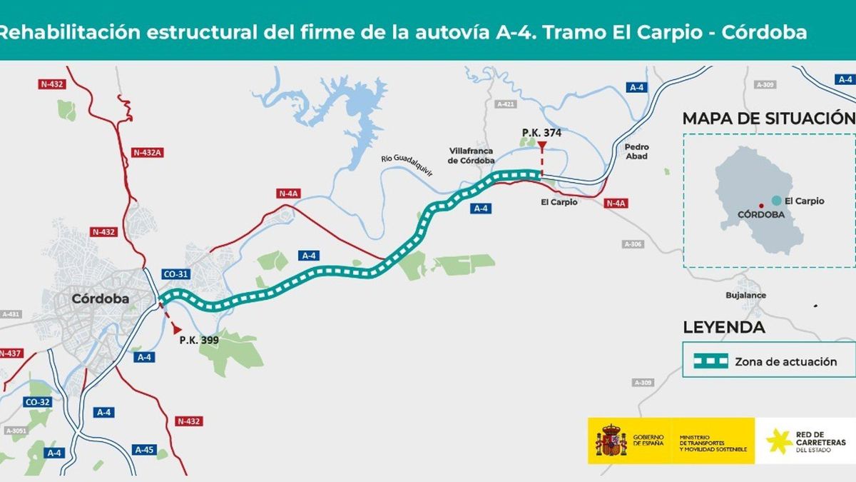 Plano que muestra el tramo de la A-4 que se verá afectado por las obras de rehabilitación del firme, entre El Carpio y Córdoba capital
