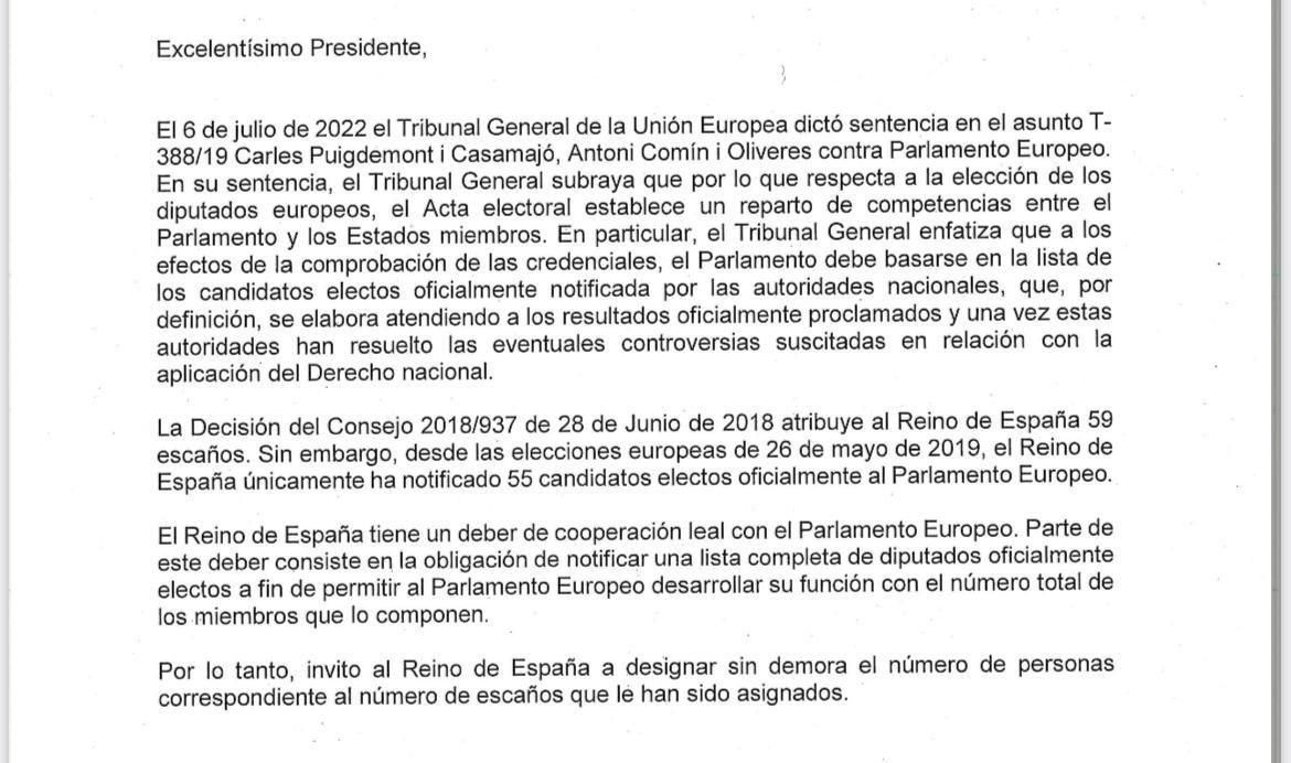 Carta de Metsola a la JEC