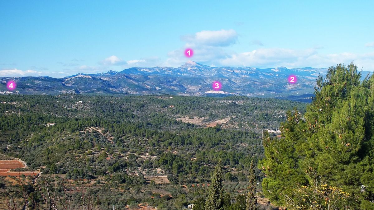 Panoràmica d’alguns escenaris dels combats entre el Destacament d’Enllaç i el XXI Cos d’Exèrcit republicà. 1- Penyagolosa; 2- Xodos; 3- Useres i 4- Costur. 