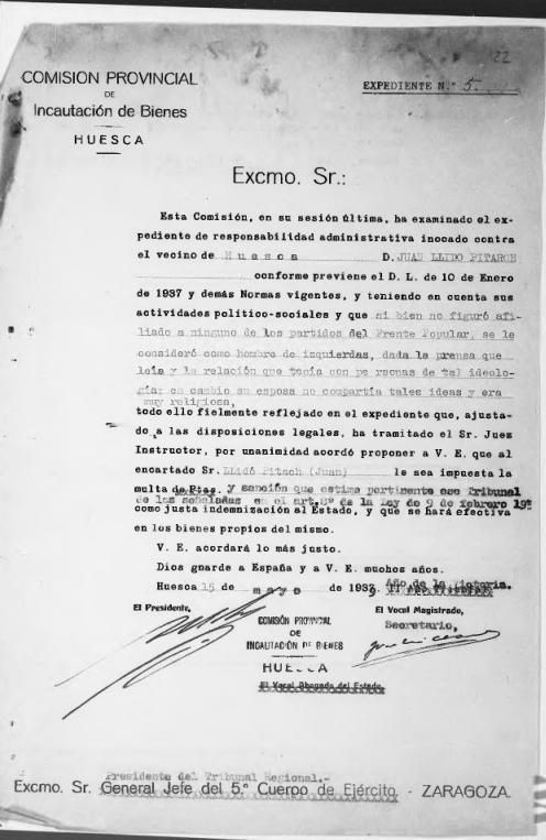 Orden de incautación de bienes a Juan Llidó en 1939, tres años después de su muerte.