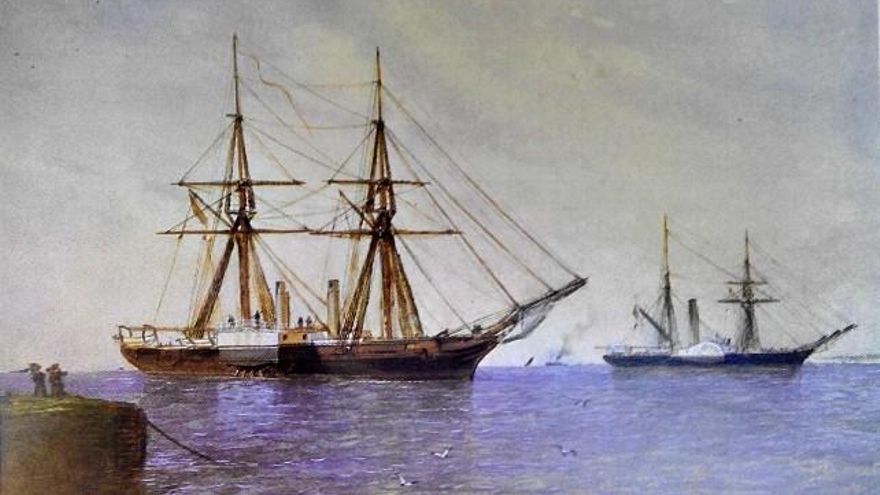Una acuarela del pintor de barcos rafael Monleón, a la derecha podría verse el 'León'.