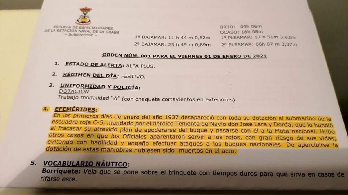 Orden del día 1 de enero de 2020 de la Escuela Naval de la Armada en Ferrol, que lleva en sus 'efemérides' el hundimiento de un submarino de la "escuadra roja".
