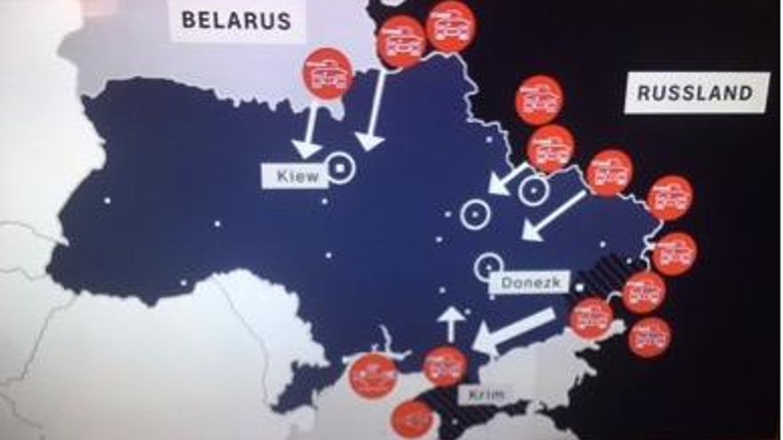 Foto del Mapa presentado en televisión alemana con círculos de tropas rusas