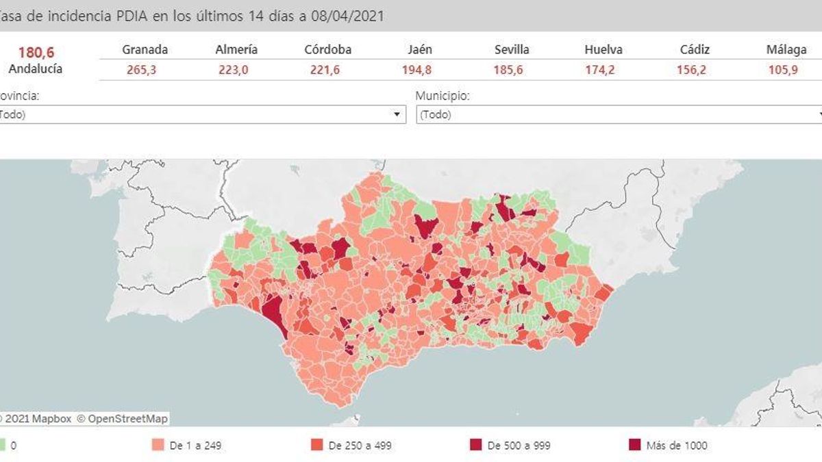 Mapa de Andalucía con nivel de incidencia de Covid-19 por municipios a 8 de abril de 2021