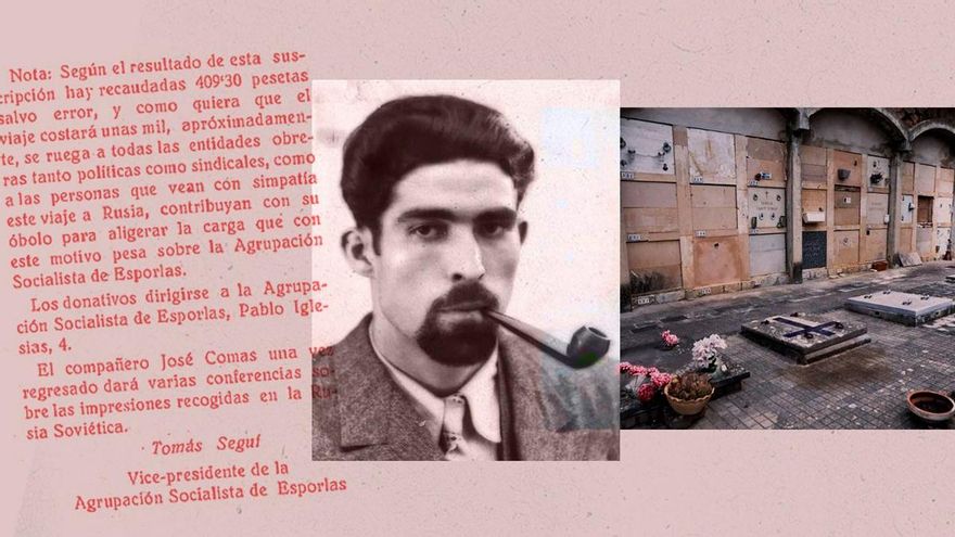 Parte de un artículo de prensa que anunciaba el viaje de Josep Comas a la URSS, una de sus escasas fotografías y el cementerio de Esporles, donde fue asesinado por los fascistas