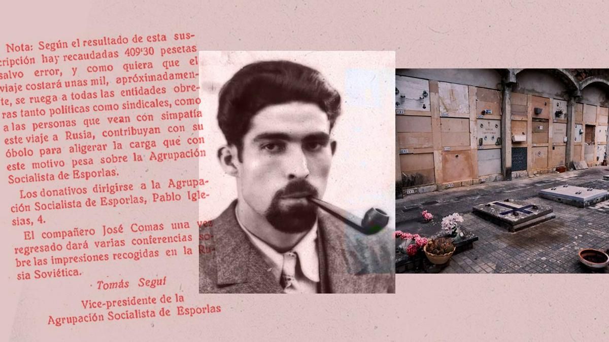 Parte de un artículo de prensa que anunciaba el viaje de Josep Comas a la URSS, una de sus escasas fotografías y el cementerio de Esporles, donde fue asesinado por los fascistas