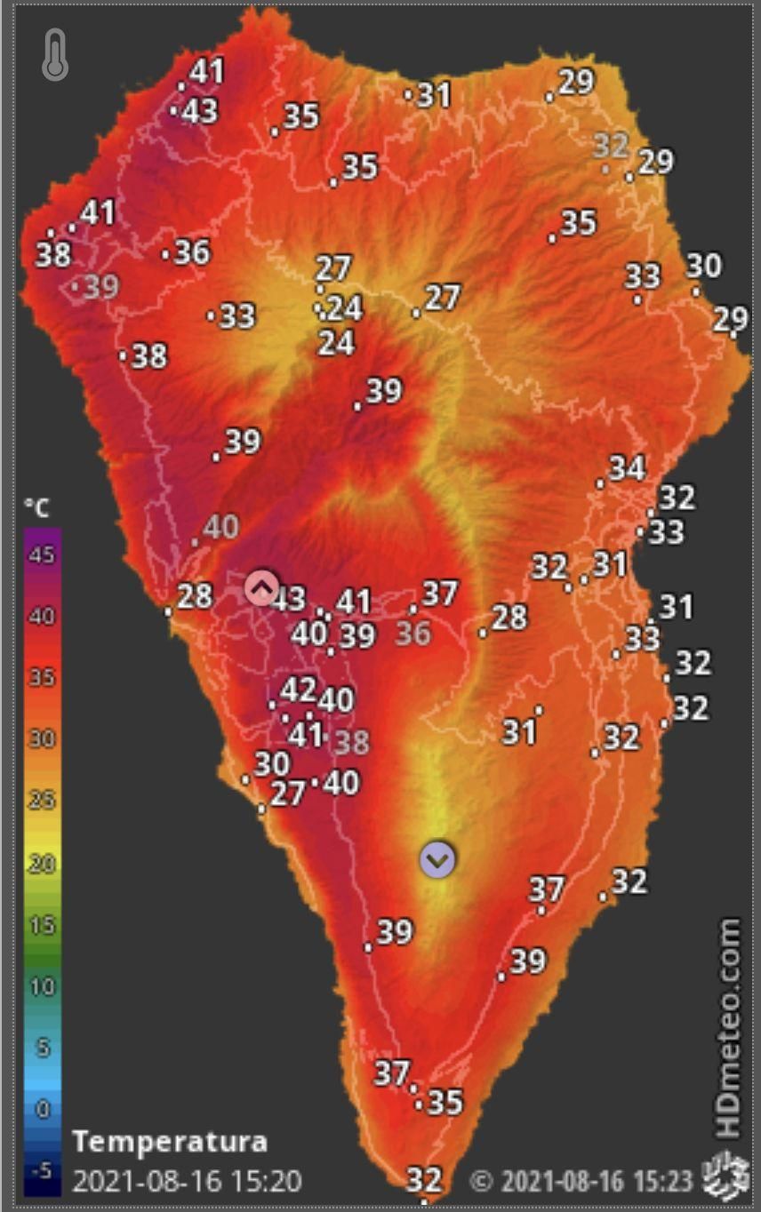 Mapa de HD Meteo La Palma donde se indica la temperatura que, a las  15.20 horas de este lunes, 16 de agosto, se registraba en distintos puntos de La Palma.