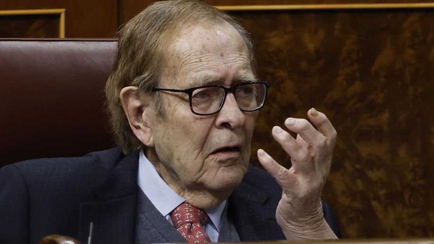 El profesor Ramón Tamames durante el debate de la moción de censura de VOX contra el presidente del Gobierno, Pedro Sánchez.