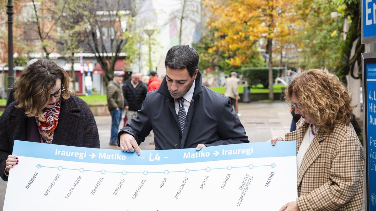 El lehendakari, la consejera y la diputada foral de Bizkaia, con el trazado de la futura línea.