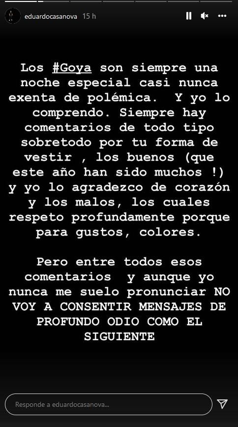 Captura del mensaje publicado por Eduardo Casanova en su perfil de Instagram