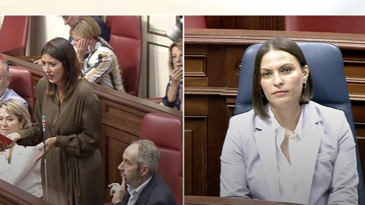 La diputada del PSOE Yaiza López (i) y la consejera de Universidades, Migdalia Machín (cc), en el Parlamento canario este martes.
