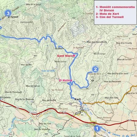 Itineraris per a arribar a la Mola de Xert, al cim del Turmell i a la ubicació del Monòlit commemoratiu de la IV Divisió.