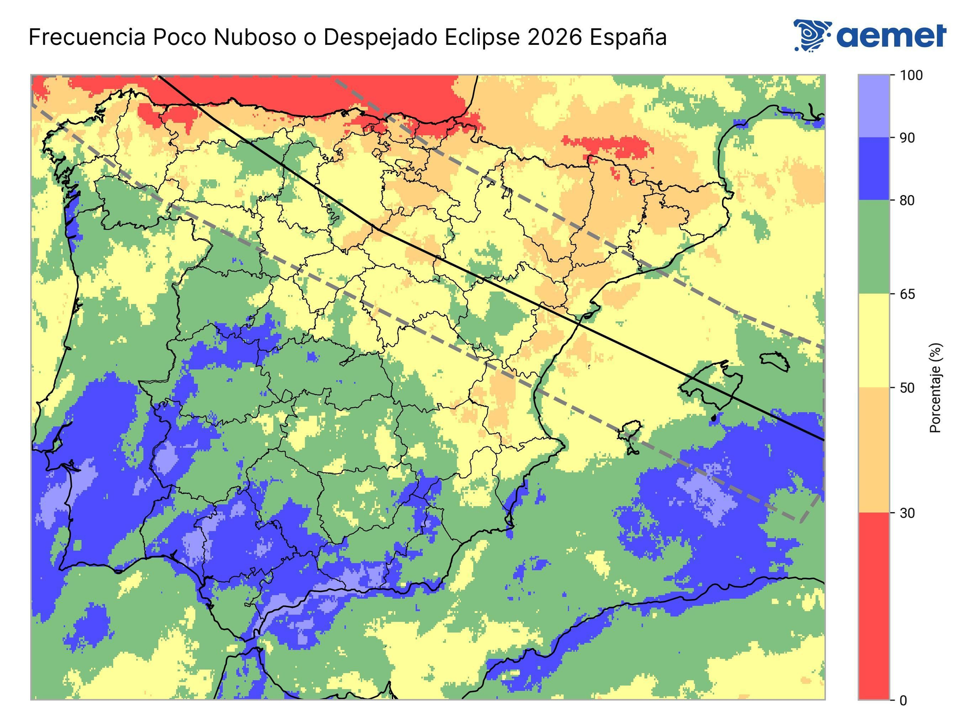 El mapa confeccionado por AEMET: cuanto más rojo el mapa, mayor nubosidad; cuanto más azul, cielos más despejados