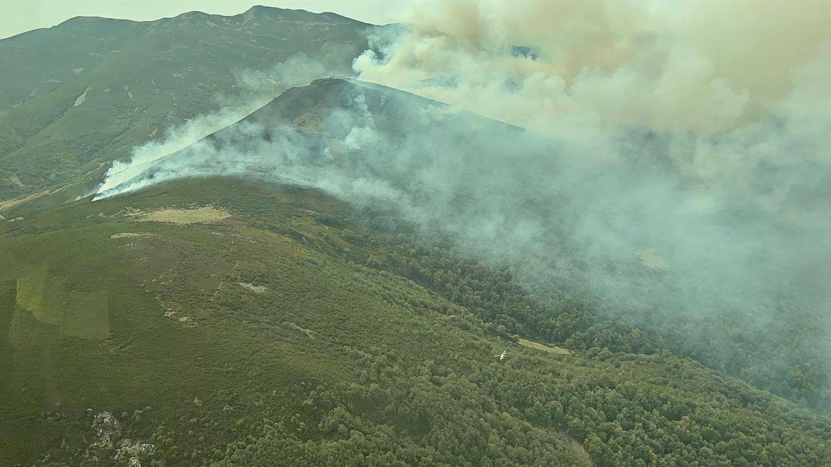Parte del incendio de Pendilla de Arbas originado en León que ha traspasado a Asturias.