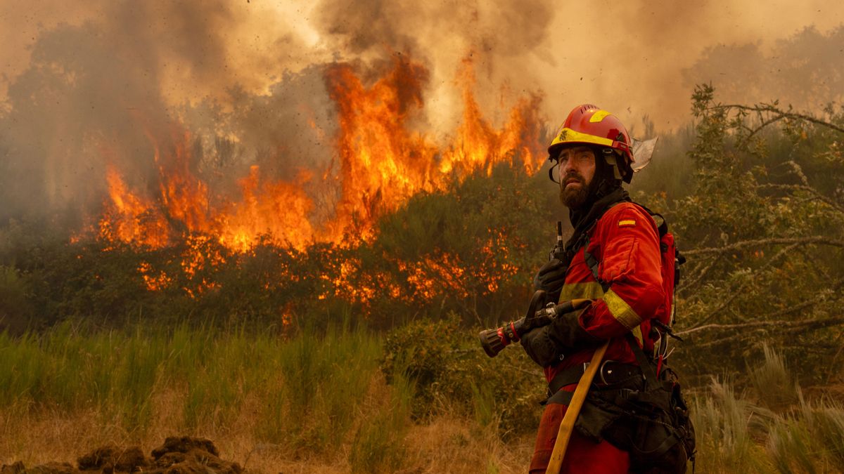 En efectivo de la Unidad Militar de Emergencias (UME) en la localidad de A Espasa, durante el incendio forestal que permanece activo en Chandrexa de Queixa (Ourense), este martes.
