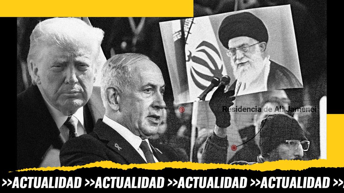Montaje: a la izquierda Trump y Netanyahu, a la derecha manifestantes contra el asesinato del ayatolá Ali Jamenei en la Plaza de la Revolución en Teherán en Irán, más detalle de un mapa de los ataque producidos allí