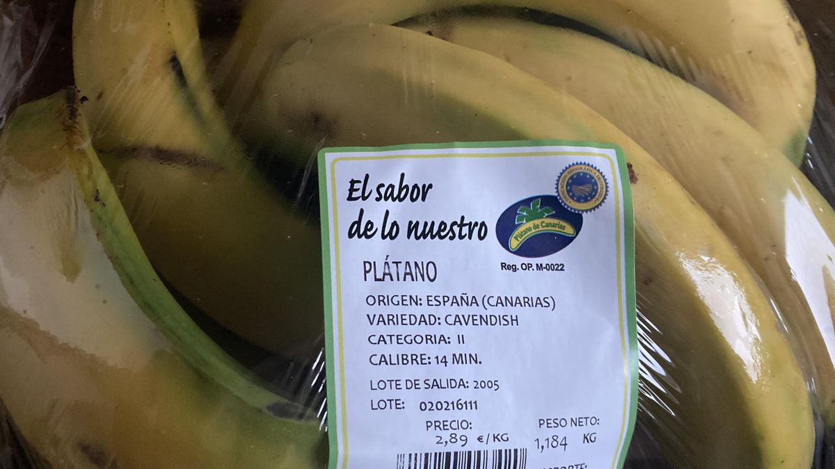Dedos de plátano, de categoría dos (la calidad más baja entre las que se suelen comercializar) y servidos en bandeja en un supermercado de Tenerife, con un precio por kilo de 2,9 euros.