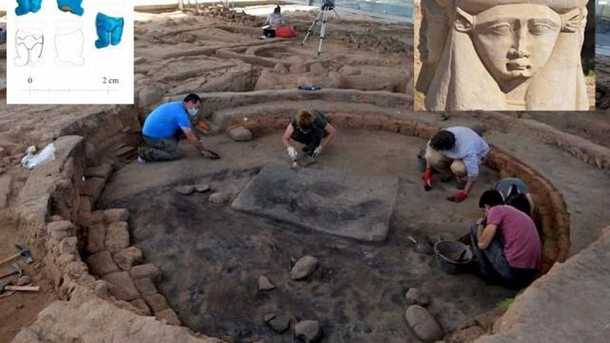 Las excavaciones en Salamanca; a la izquierda el amuleto encontrado, a la derecha la diosa Hathor.
