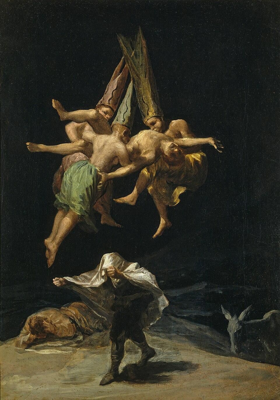 'Vuelo de brujas', de Francisco Goya (1798), representa a tres figuras flotantes con sombreros puntiagudos.