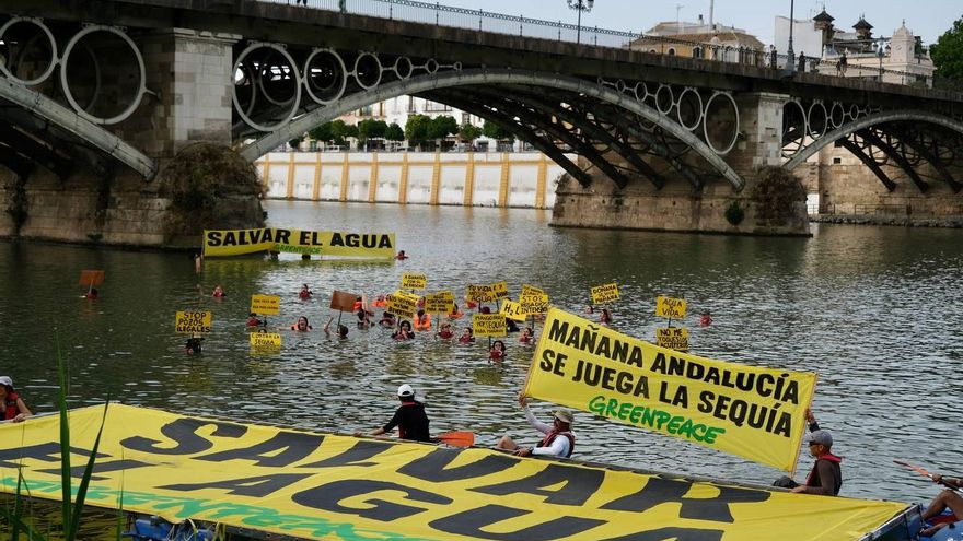 Activistas junto al puente de Triana en Sevilla.