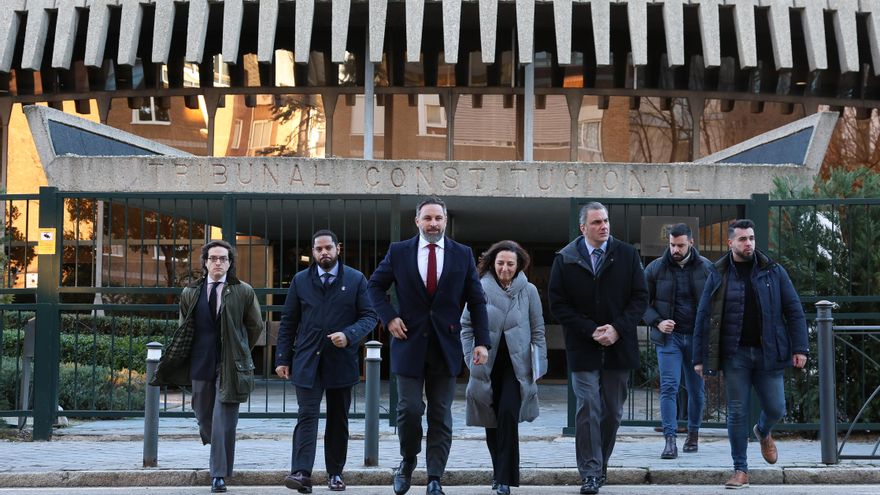 El diputado de VOX, José María Figaredo (i), el secretario general del partido, Ignacio Garriga (2i), el presidente de VOX, Santiago Abascal (3i), y el vicepresidente de VOX, Javier Ortega Smith (3d), antes de presentar un recurso de inconstitucionalidad en la sede del Tribunal Constitucional.