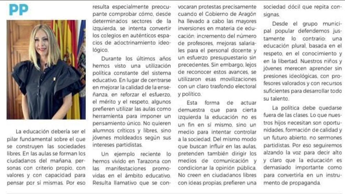 Exigen la rectificación de la concejala del PP de Tarazona que llamó a los colegios públicos "espacios de adoctrinamiento"