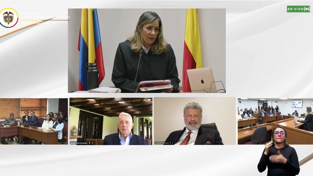 Video capture of the Paloquemao Judicial Complex that shows the judge, Sandra Heredia (above), lawyer Jaime Granados (2d-abajo) and the former Colombian president Álvaro Uribe (2i-abajo), during an hearing held this Monday, in Bogotá (Colombia).