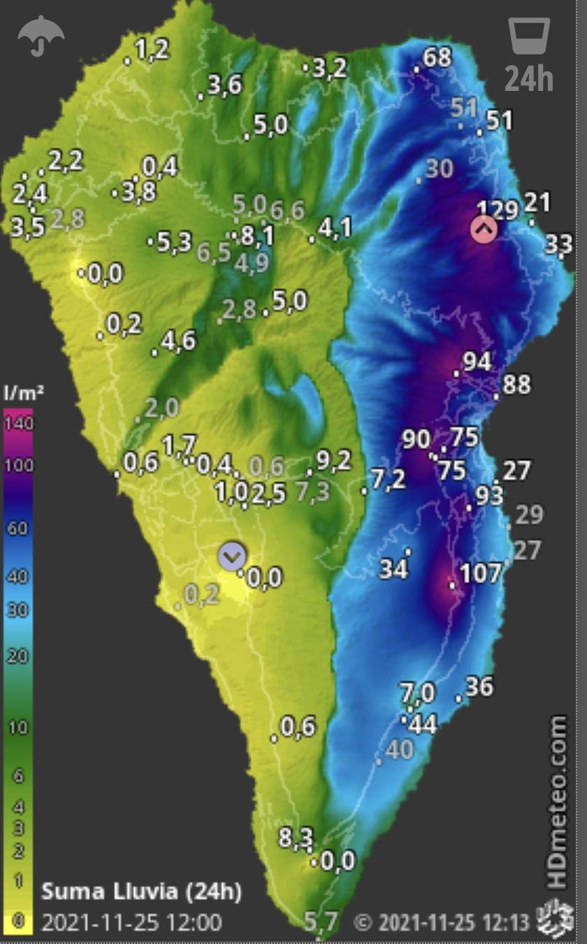 Mapa de HD Meteo La Palma de la lluvia registrada este jueves, hasta las 12.13 horas.