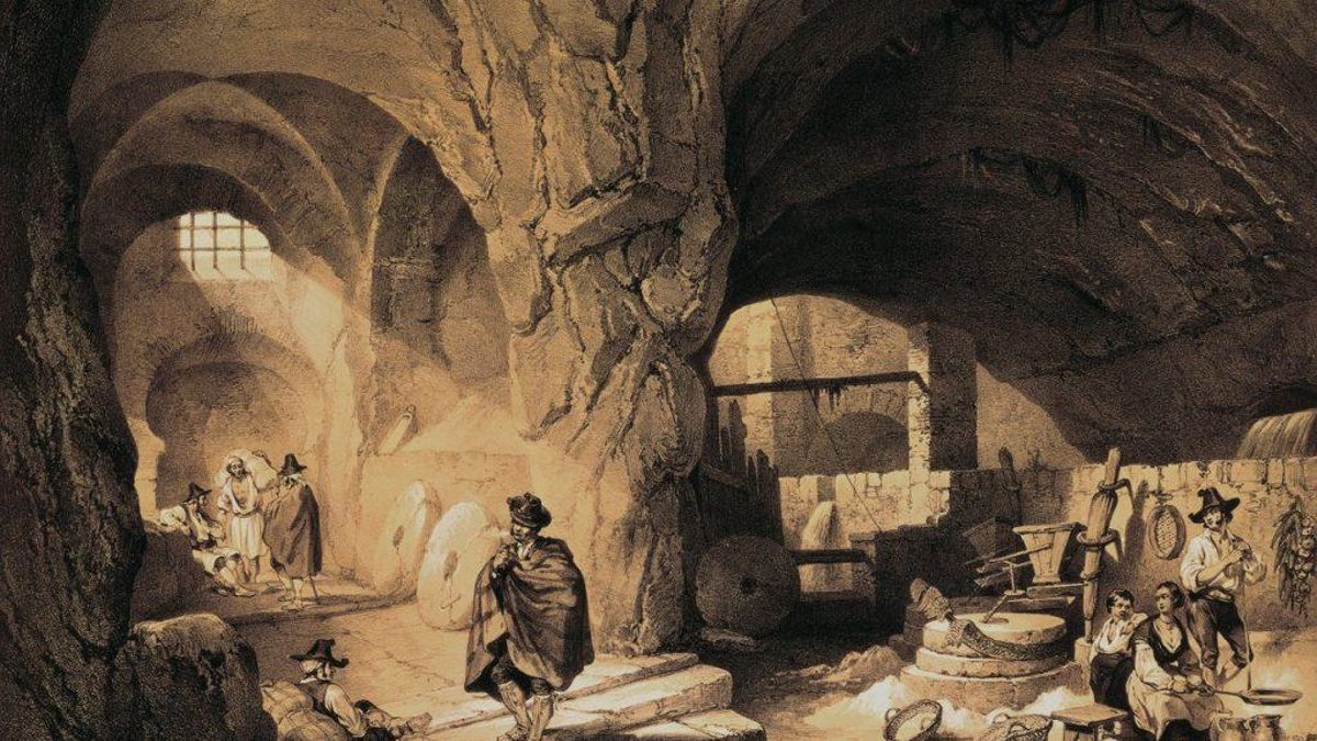 Litografía que ilustra cómo funcionaba el molino antiguamente