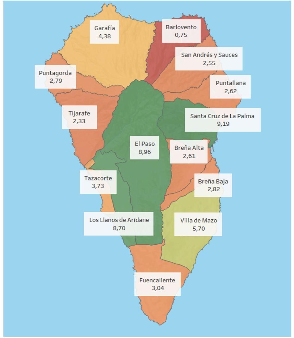 Mapa con la nota de los distintos ayuntamientos.