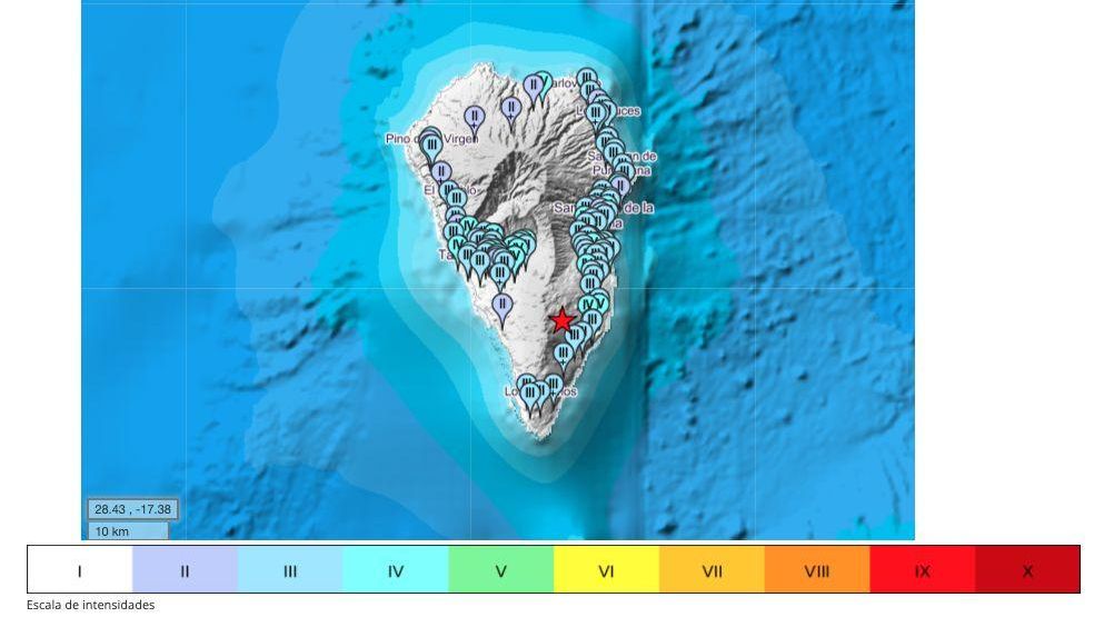 Reportes de la intensidad sentida en La Palma para el seísmo de 4,8 de este miércoles