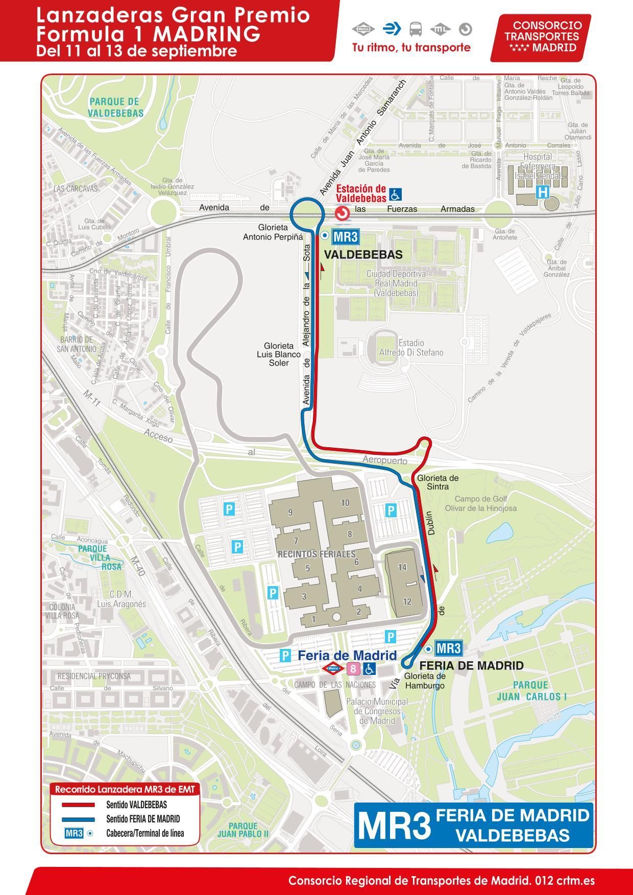 Plano del recorrido de la lanzadera MR3 entre dos puntos del propio Madring (Valdebebas-Feria de Madrid).