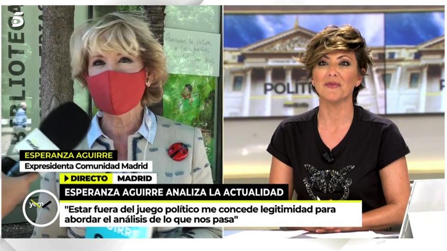 Esperanza Aguirre, pillada en directo en Telecinco criticando a Sonsoles Ónega: "No te pincha ni harta de vino"