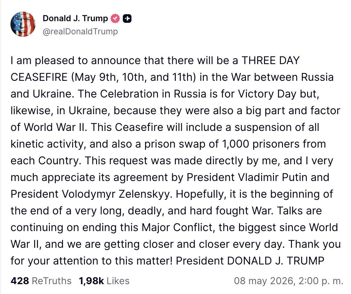 Truth Social de Trump sobre la tregua de tres días entre Rusia y Ucrania.