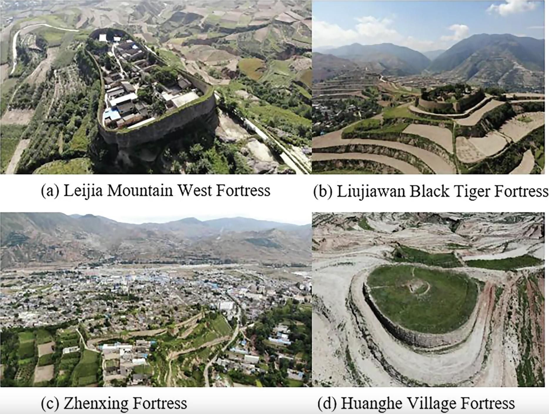 Ejemplos de fortalezas de Tianshui con registros aéreos de drones