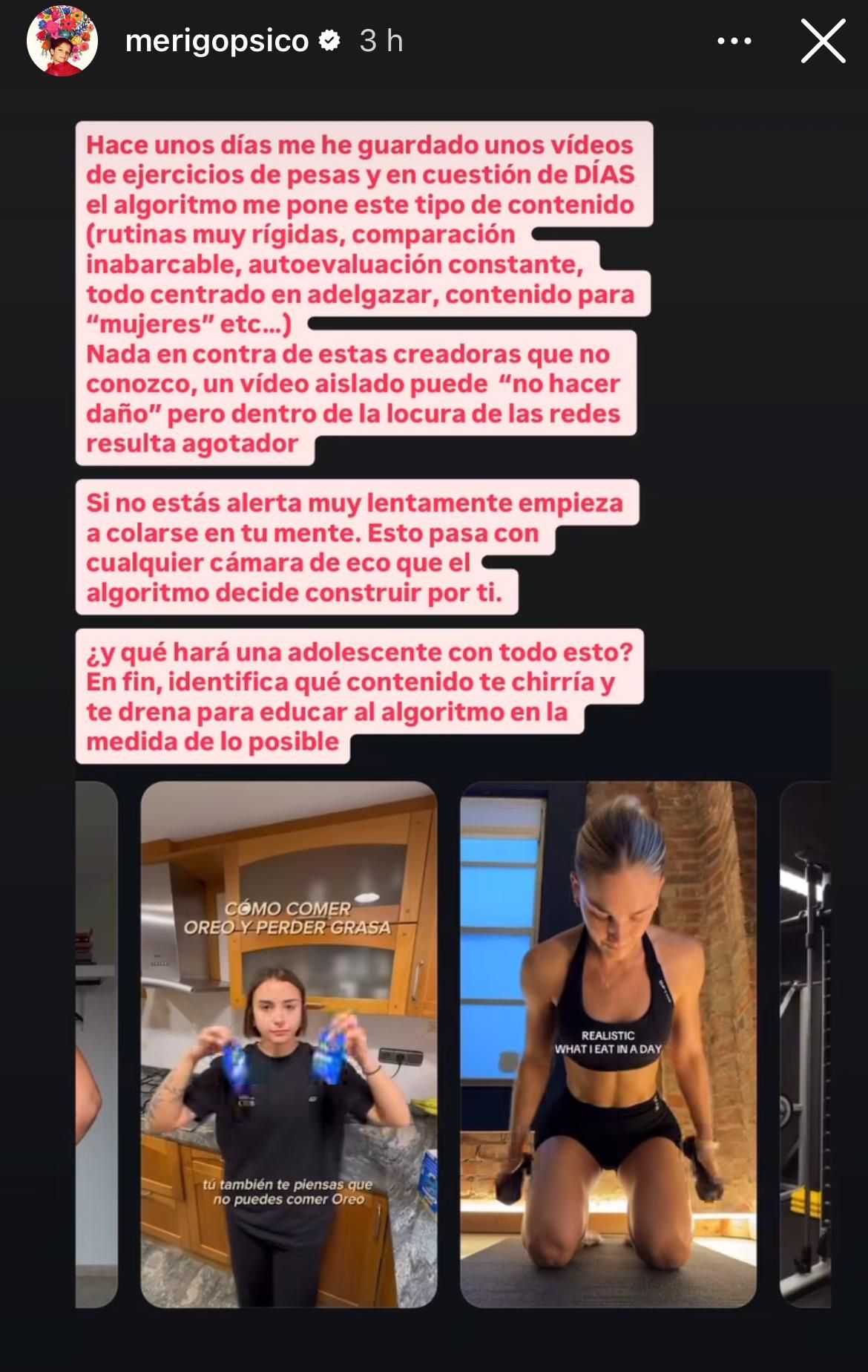 Publicación de @merigopsico en su Instagram Stories.