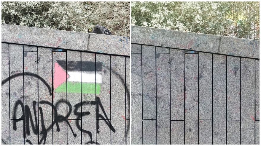 Almeida borra las banderas de Palestina de Malasaña y los vecinos consiguen que también les limpie parte de la plaza