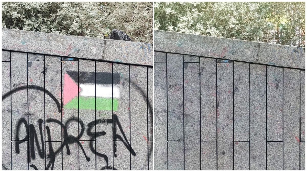 Bandera palestina pintada ayer junto a un grafiti en la plaza del Dos de Mayo (izda) y el mismo muro hoy, con las pintadas borradas (dcha)