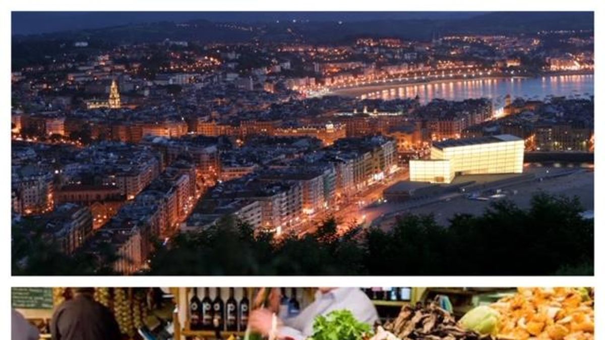 San Sebastián de noche y barra de pintxos.