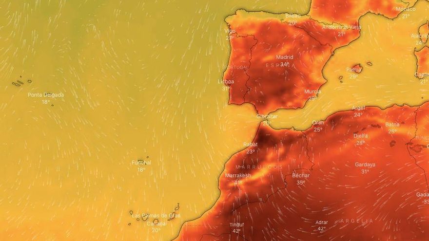 Temperaturas previstas para este viernes, sobre las 15.00 horas, según el modelo de predicción europeo ECMWF. / FOTO: WINDY.COM