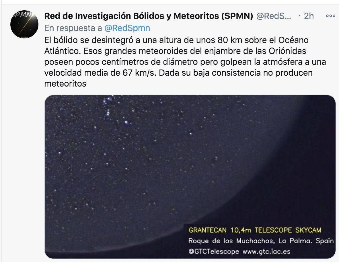 Twitter de la Red de Investigación Bólidos y Meteoritos (SPMN).