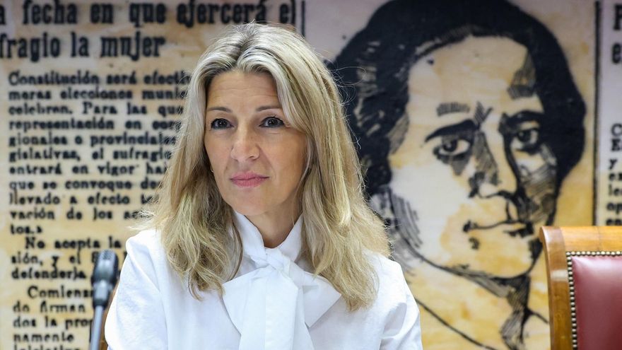 La vicepresidenta Segunda del Gobierno y Ministra de Trabajo y Economía Social, Yolanda Díaz, durante la Comisión de Trabajo y Economía Social, en el Congreso de los Diputados, a 12 de abril de 2024, en Madrid (España).