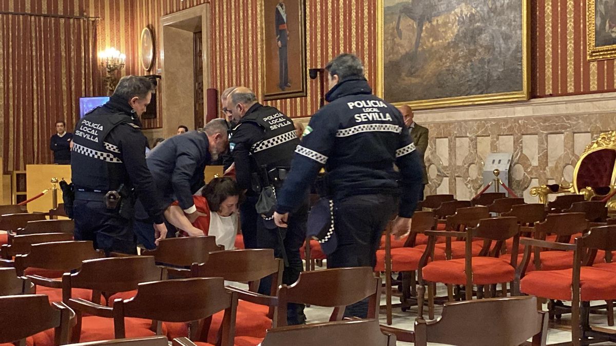 Varios agentes rodean a Ángeles Casares para levantarla.