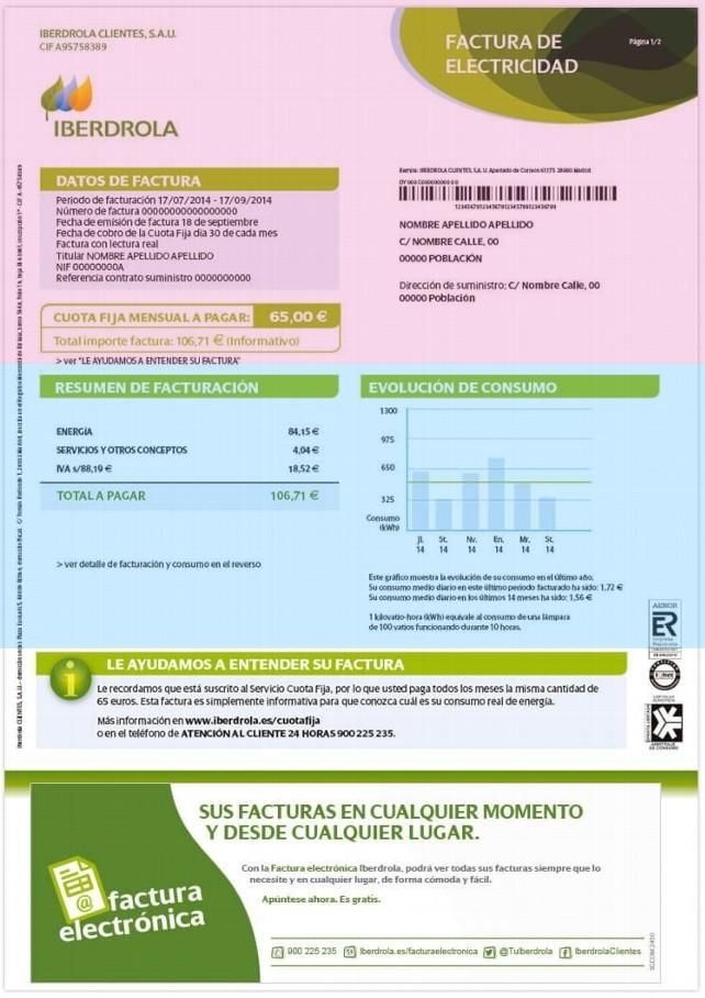 Ejemplo de una factura de la luz con la compañía Iberdrola